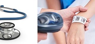 Zweigeteiltes Bild mit einem Stethoskop sowie einem Handgelenk samt Patientenarmband und einem Scanner