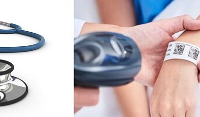 Zweigeteiltes Bild mit einem Stethoskop sowie einem Handgelenk samt Patientenarmband und einem Scanner