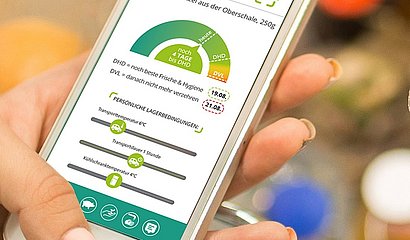 Smartphone in Frauenhand mit der geöffneten FreshIndex App des Jahres 2019