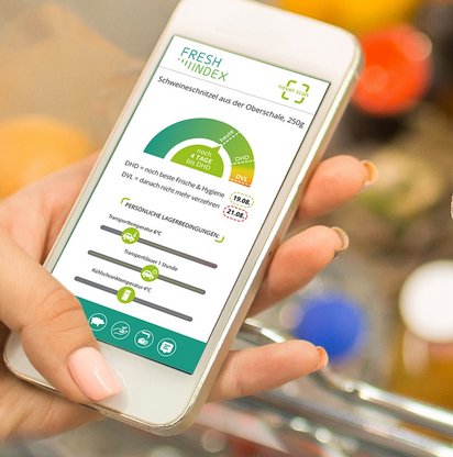 Smartphone in Frauenhand mit der geöffneten FreshIndex App des Jahres 2019