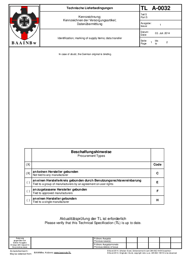 This Technical Specification (TL) contains information relating to data transfer and applies in combination with TL A-0032 Parts 1 and 2.