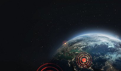 globale Liefernetzwerke symbolisch als Weltkugel im All dargestellt
