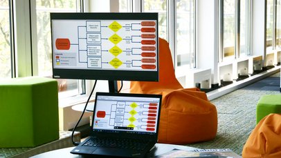 Bildschirm zeigt Entscheidungsdiagramm für Risikoanalyse vor orangefarbenem Sessel 