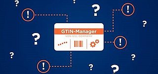 Grafik mit vielen Fragenzeichen und dem GTIN-Manager in der Mitte der Fragezeichen zu Ausrufezeichen macht