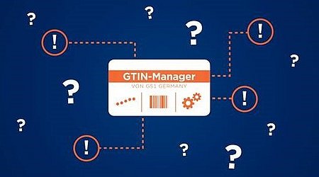 Grafik mit vielen Fragenzeichen und dem GTIN-Manager in der Mitte der Fragezeichen zu Ausrufezeichen macht