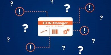 Grafik mit vielen Fragenzeichen und dem GTIN-Manager in der Mitte der Fragezeichen zu Ausrufezeichen macht