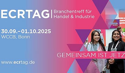 Ein in Lila- und Rottönen gestaltetes Banner mit einer Gesprächssituation auf dem Event
