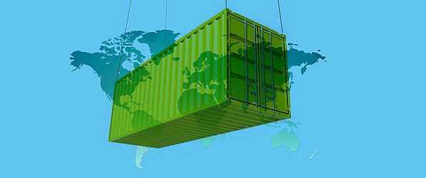 Visualisierung für LkSG und CSDDD: Container vor Weltkarte soll transparente Lieferkette symbolisieren