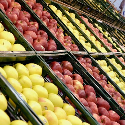 Foto verschiedener Apfelsorten im Supermarkt 