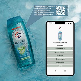 Duschgel der Marke CD, ein QR-Code mit GS1 Digital Link und auf einem Mobiltelefon das Ziel, nämlich ein individuelles Digital Label von info.link welches alle aktuell transparenten Informationen zum Duschgel aufführt