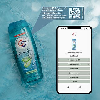 Duschgel der Marke CD, ein QR-Code mit GS1 Digital Link und auf einem Mobiltelefon das Ziel, nämlich ein individuelles Digital Label von info.link welches alle aktuell transparenten Informationen zum Duschgel aufführt