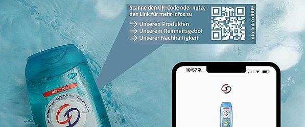 CD Duschgel mit QR-Code mit GS1 Digital Link der zuDigital Label von info.link führt Duschgel der Marke CD, ein 2D-Code mit GS1 Digital Link und auf einem Mobiltelefon das Ziel, nämlich ein individuelles Digital Label von info.link welches alle aktuell transparenten Informationen zum Duschgel aufführt
