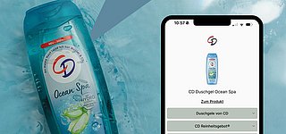 Duschgel der Marke CD, ein 2D-Code mit GS1 Digital Link und auf einem Mobiltelefon das Ziel, nämlich ein individuelles Digital Label von info.link welches alle aktuell transparenten Informationen zum Duschgel aufführt