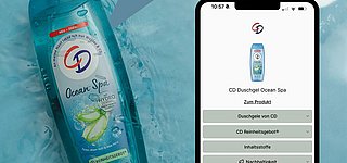 Duschgel der Marke CD, ein QR-Code mit GS1 Digital Link und auf einem Mobiltelefon das Ziel, nämlich ein individuelles Digital Label von info.link welches alle aktuell transparenten Informationen zum Duschgel aufführt