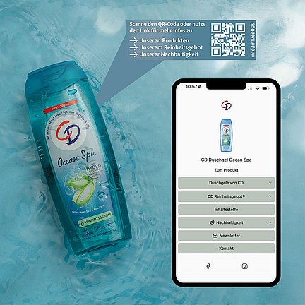 Duschgel der Marke CD, ein QR-Code mit GS1 Digital Link und auf einem Mobiltelefon das Ziel, nämlich ein individuelles Digital Label von info.link welches alle aktuell transparenten Informationen zum Duschgel aufführt