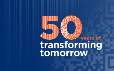 Key Visual des Barcode Jubiläums von GS1 zeigt Claim 50 years of transforming tomorrow