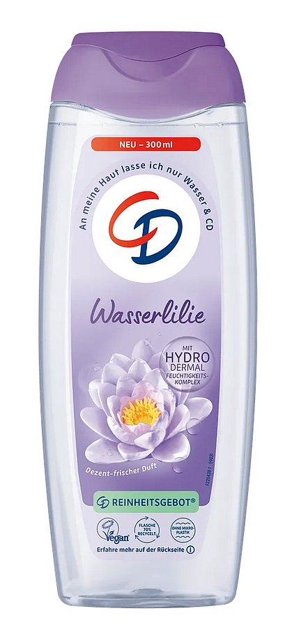 Vorderseite einer Flasche CD Wasserlilie Duschgel