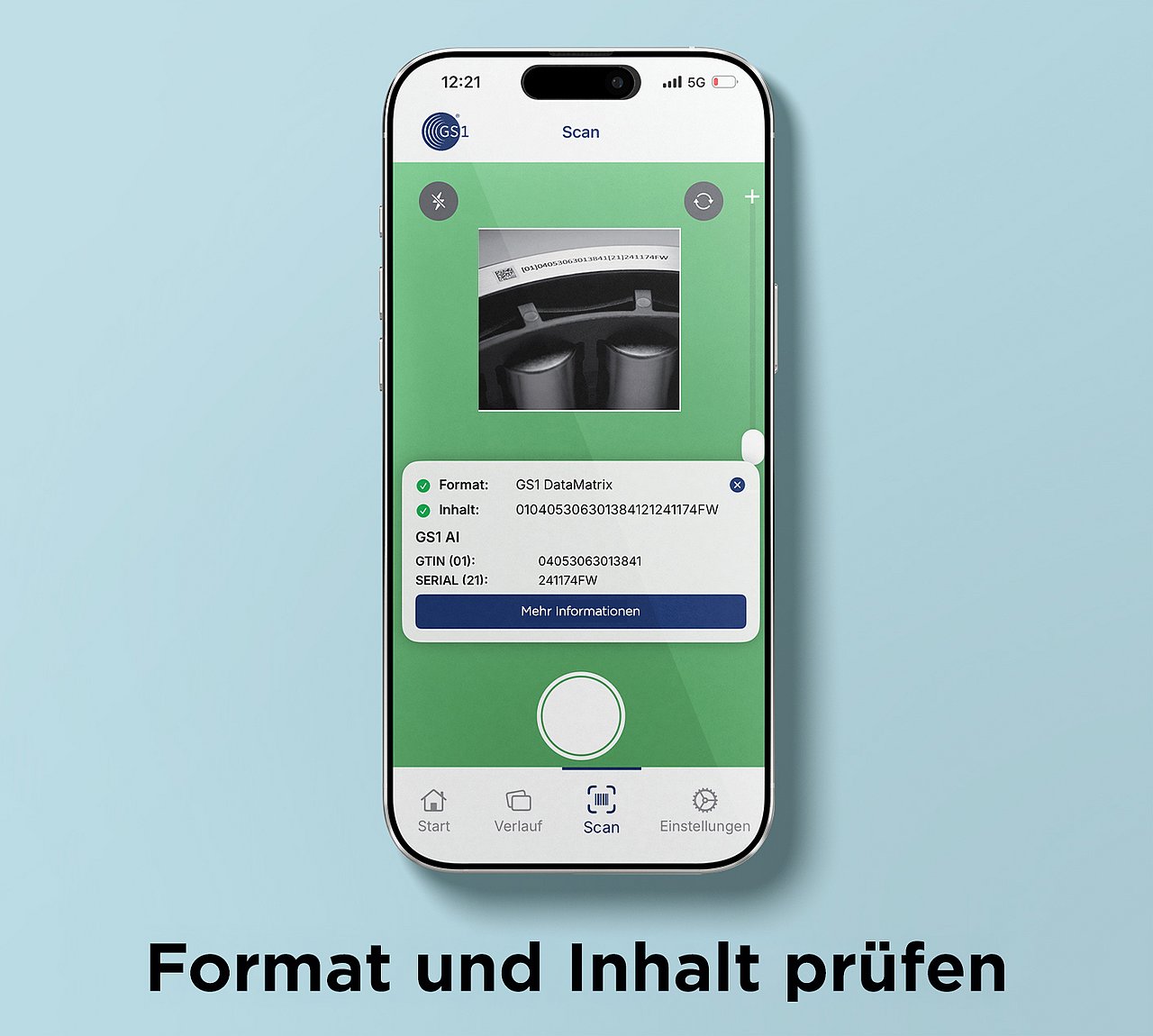Eine IPhone mit der App GS1 Scan2Trust im Fokus GS1 Konformität prüfen