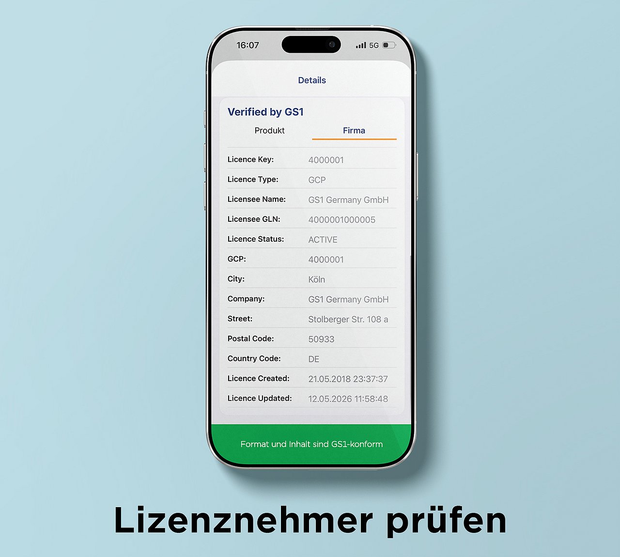 Eine IPhone mit der App GS1 Scan2Trust im Fokus Lizenznehmer prüfen