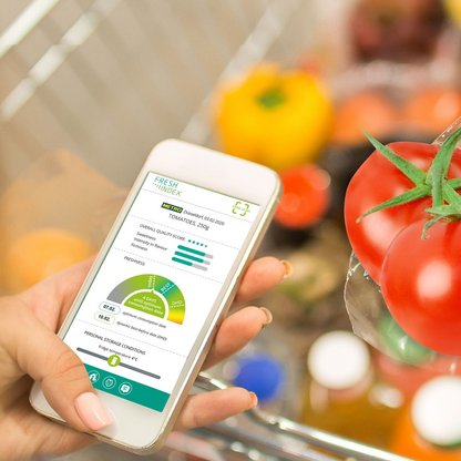 Foto einer Hand mit dem Smartphone und der geöffneten Fresh Analytics App im Supermarkt