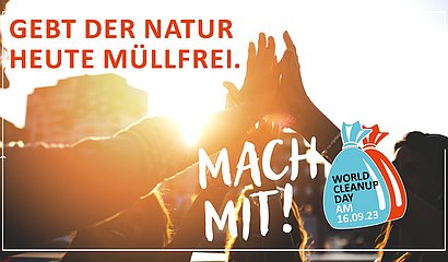 Foto mit mehrern Händen und Icons zum Thema Müllsammeln