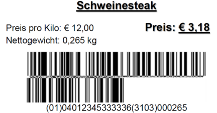 Etikettenbeispiel für ein mit GS1 DataBar Barcode ausgezeichnetes Schweinesteaks