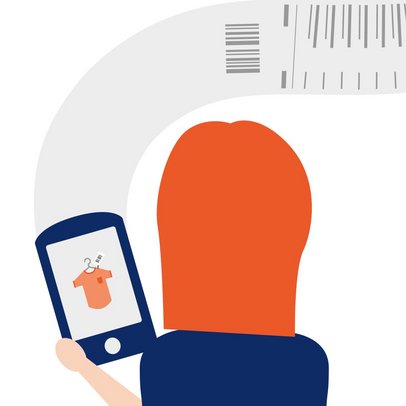 Darstellung einer Person von hinten. In ihren Händen ein Smartphone mit einem digitalen Kassenbon.