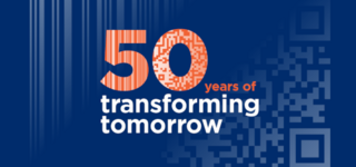 Key Visual des Barcode Scan Jubiläums von GS1 zeigt Claim 50 years of transforming tomorrow