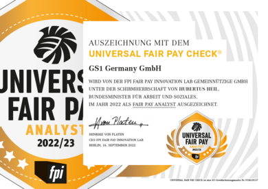 Urkunde vom FPI: Auszeichnung GS1 Germany als Fair Pay Analyst 2022/2023