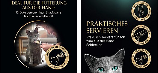 Eine Produktabbildung mit Katzenfutter. Kategorie „Anwendung“ zeigt, wie das Produkt verwendet wird