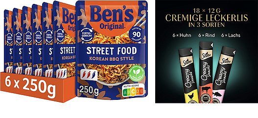 Ein Montagebild (Komposit) ist eine Zusammenstellung verschiedener Elemente, die auf der Verpackung enthalten sind. Produktabbildungen als Montagebild (Komposit) im Falle von Uncle Bens Reis und Katzenfutter