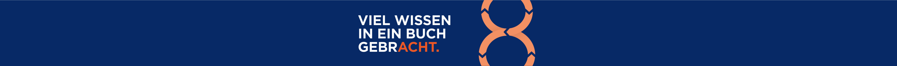 Header mit der Beschriftung "Viel Wissen in ein Buch gebracht" und einer Acht als Motiv