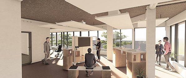 Flexible Büroflächen mieten im GS1 Community Space in Köln CAD-Zeichnung zeigt 4 Personen in Meetingarea in neuen Büroräumlichkeiten