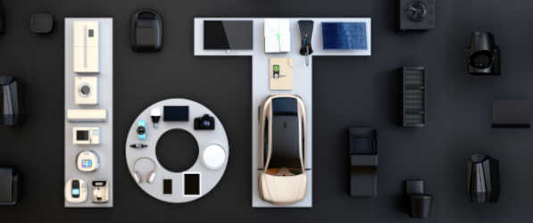 Keyvisual IoT Schriftzug der sich aus verschiedenen Objekten zusammensetzt
