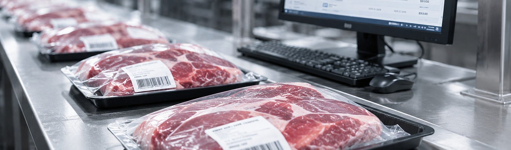 Verpacktes Fleisch auf einer Verpackungsstraße im Bereich Fleischindustrie