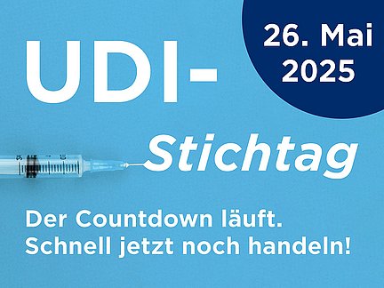 Ein Banner in Blau mit einer medizinischen Spritze