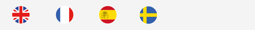 Länderflaggen der angebotenen Sprachen: englisch, französisch, spanisch und schwedisch