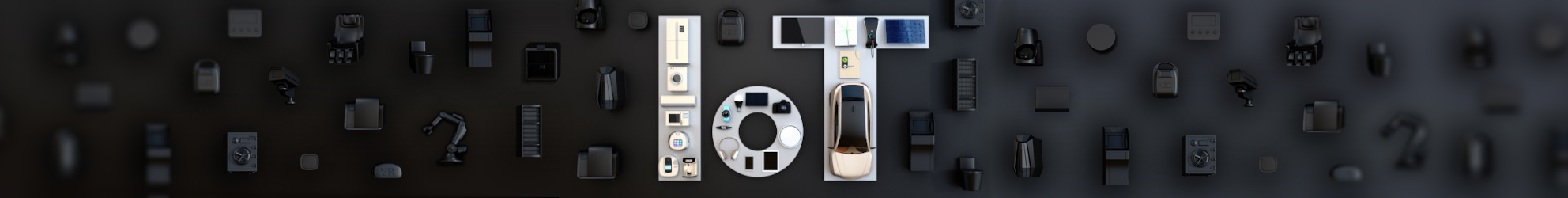 Keyvisual IoT Schriftzug der sich aus verschiedenen Objekten zusammensetzt